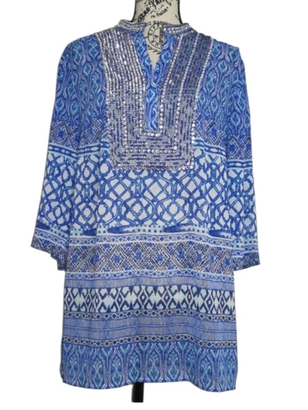 Chico's Print  Blue Embellished Women Tops  Size 1P 100% Polyester